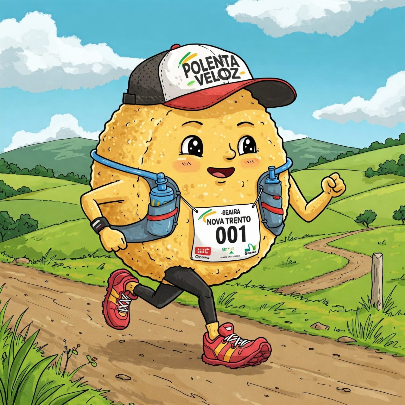 Polenta Veloz, mascote do grupo, correndo em uma estrada de terra com número 001
